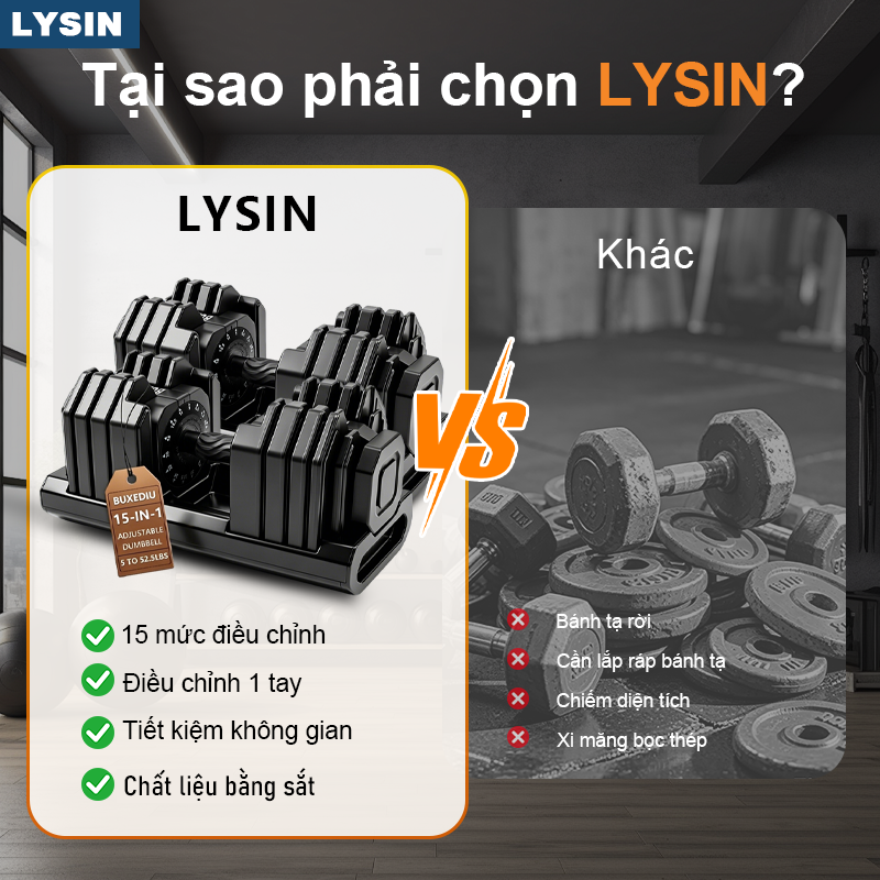 Tạ Tay Điều Chỉnh LYSIN 24KG 15IN1 - Tạ Đa Năng Tập Gym Tại Nhà, Điều Chỉnh Nhanh, Chống Trượt