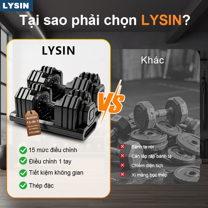 Tạ Tay Điều Chỉnh LYSIN 24KG 15IN1 - Tạ Đa Năng Tập Gym Tại Nhà, Điều Chỉnh Nhanh, Chống Trượt