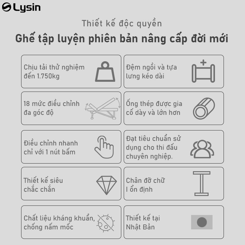 GHẾ TẬP GYM ĐIỀU CHỈNH ĐA NĂNG LYSIN – 18 MỨC ĐIỀU CHỈNH, KHUNG THÉP CHẮC CHẮN, PHÙ HỢP TẬP LUYỆN TẠI NHÀ