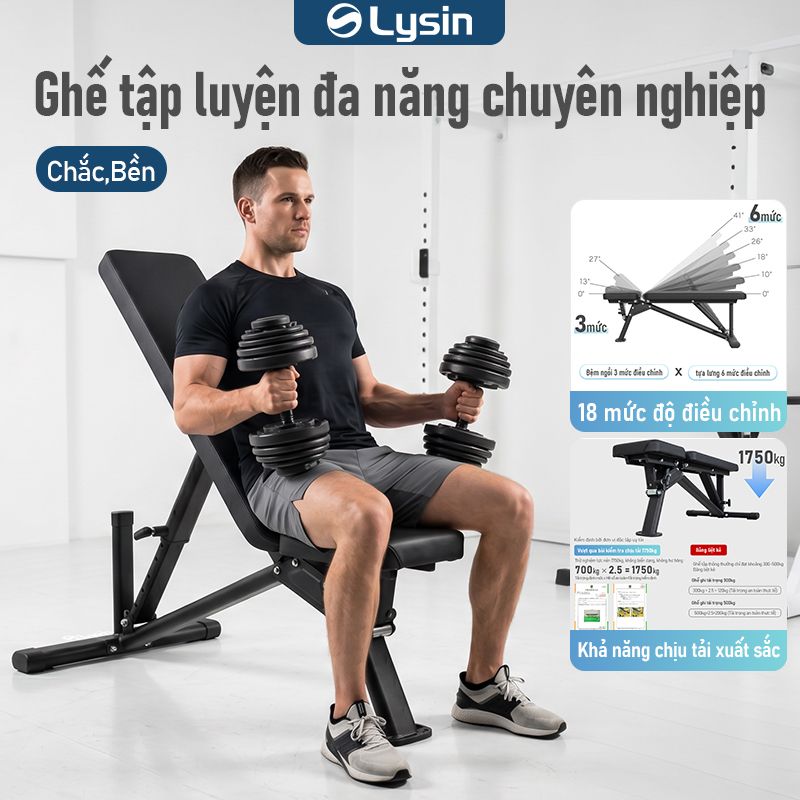 GHẾ TẬP GYM ĐIỀU CHỈNH ĐA NĂNG LYSIN – 18 MỨC ĐIỀU CHỈNH, KHUNG THÉP CHẮC CHẮN, PHÙ HỢP TẬP LUYỆN TẠI NHÀ