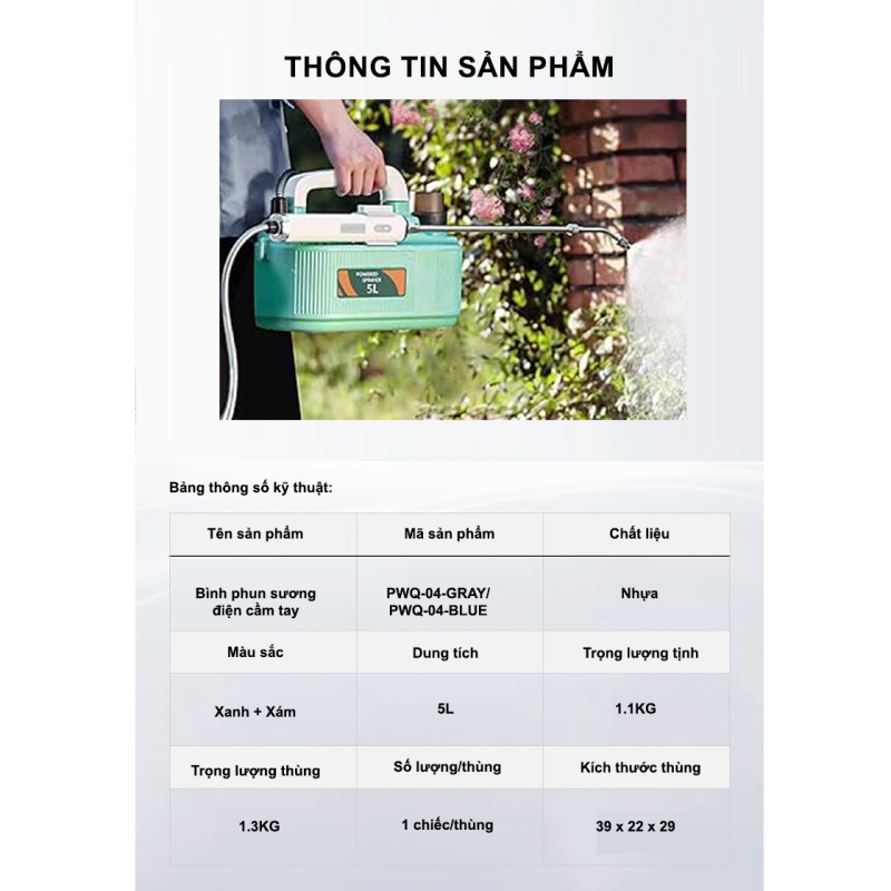 Bình Xịt Điện 5L Đeo Vai Sạc Pin Đa Năng – 3 Chế Độ Phun, Vòi Xịt Dài Tưới Cây, Vệ Sinh Sân Vườn, Chăm Sóc Vườn