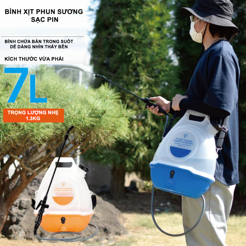 Bình Xịt Phun Sương Điện 7L Sạc Pin – Nhẹ 1.3Kg, Hoạt Động 80 Phút, Chịu Nhiệt 70°C, Không Gây Ồn