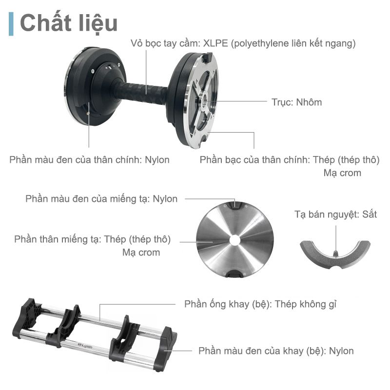 Lysin - 01 quả tạ 32kg điều chỉnh trọng lượng - bước nhảy 1kg metal dumbbell công nghệ Nhật Bản mạ crom chống gỉ