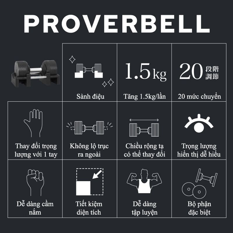 Proverbell - 01 quả tạ 32.5kg điều chỉnh trọng lượng tăng/giảm 1.5kg chống gỉ