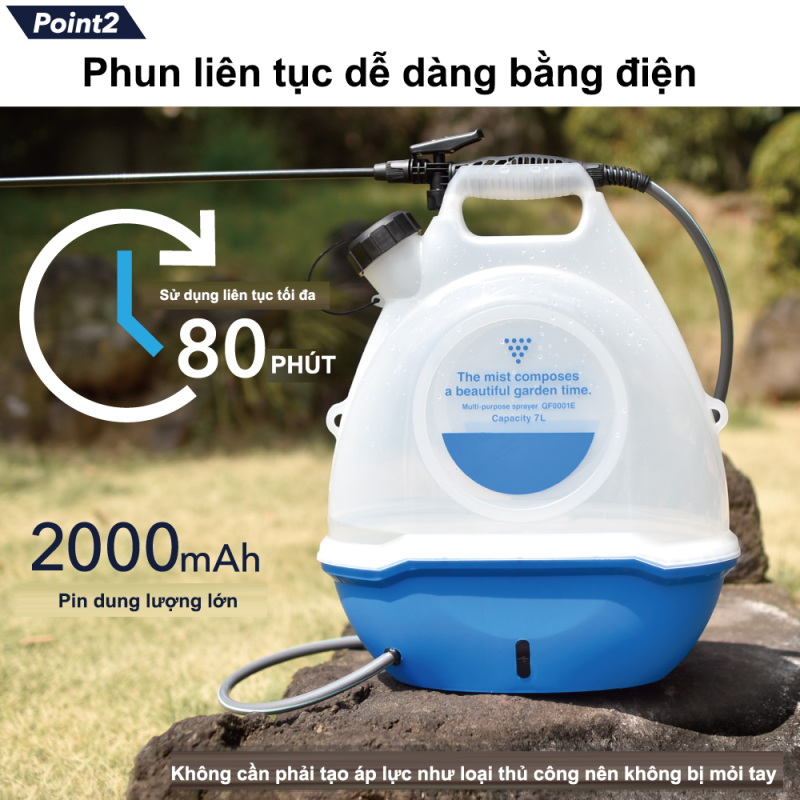 Bình Xịt Phun Sương Điện 7L Sạc Pin – Nhẹ 1.3Kg, Hoạt Động 80 Phút, Chịu Nhiệt 70°C, Không Gây Ồn