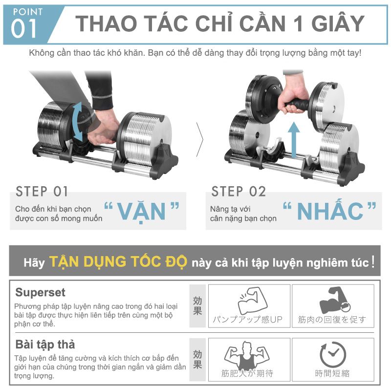 Lysin - 01 quả tạ 32kg điều chỉnh trọng lượng - bước nhảy 1kg metal dumbbell công nghệ Nhật Bản mạ crom chống gỉ