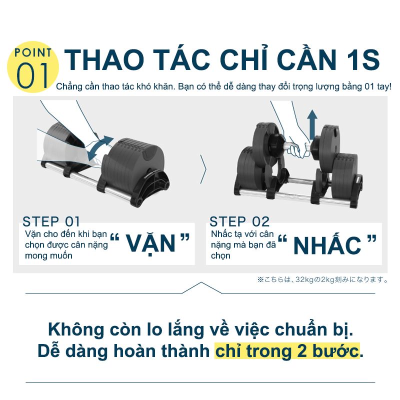 NUOBELL Flexbell - 01 quả tạ 32kg điều chỉnh trọng lượng tăng/giảm 2kg lớp sơn tĩnh điện chống gỉ