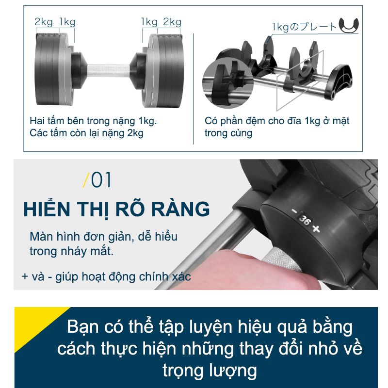 NUOBELL Flexbell - 01 quả tạ 20kg điều chỉnh trọng lượng tăng/giảm 2kg lớp sơn tĩnh điện chống gỉ